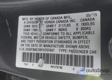 2015 Honda Civic Si z USA, uszkodzony, nr VIN 2HGFB6E59FH707647